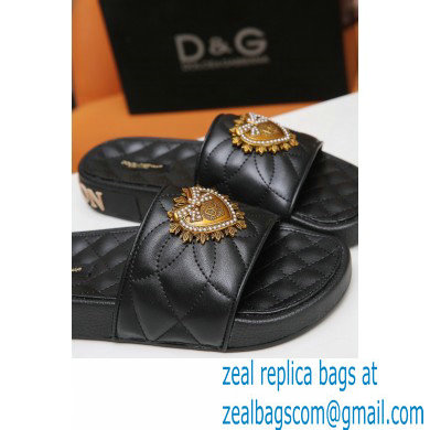 Dolce  &  Gabbana Matelasse Leather Beachwear Sliders Black with Devotion Heart 2021